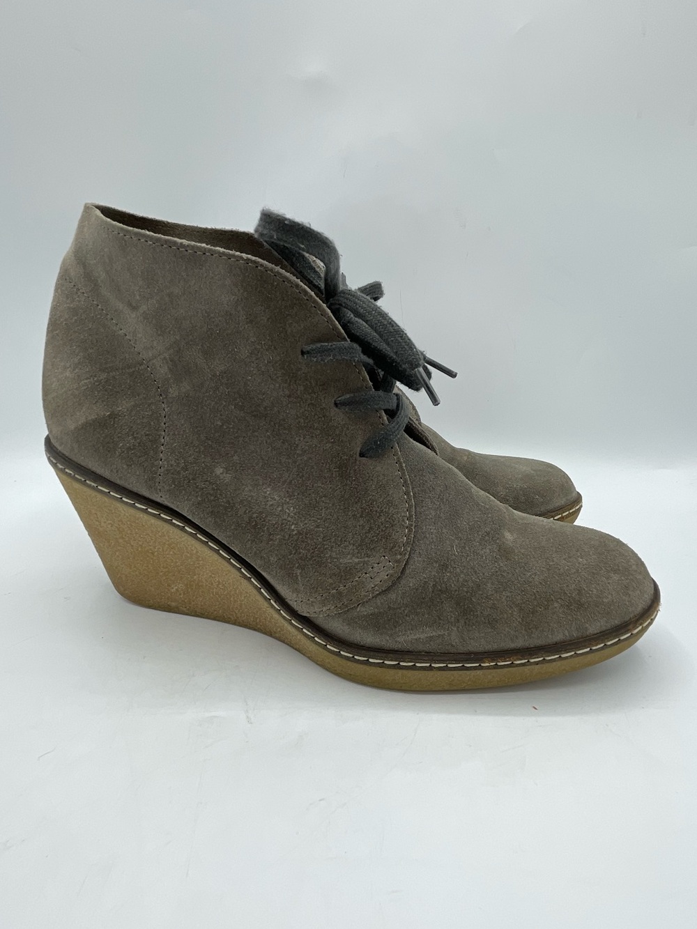 J. Crew McAlister Wedge Lace Up Ankle Bootie in Taupe Suede.